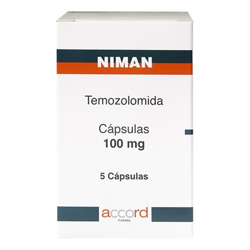 [7506335700675]  Niman TEMOZOLOMIDA 100mg. Envase con 5 capsulas Seco, manejable hasta 25°C.                                                      ACCORD