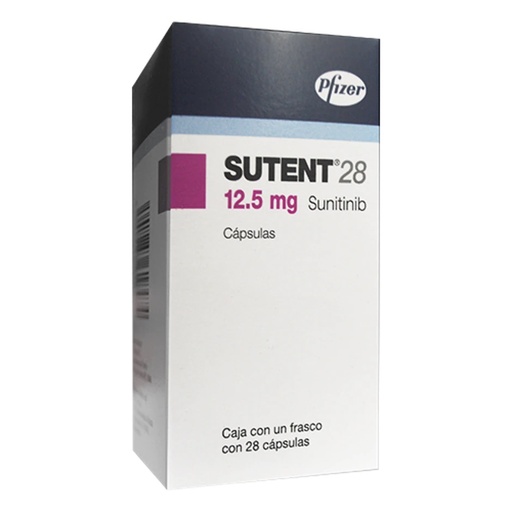 [7501287618474] Sutent Sunitinib Cápsula Cada Cápsula contiene: Malato de sunitinib equivalente a 12.5 mg de sunitinib Envase con 28 Cápsulas.