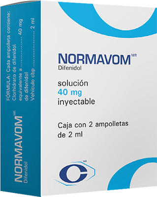 [7501476076092] Normavom Difenidol Solución Inyectable Cada ampolleta contiene: Clorhidrato de difenidol equivalente a 40 mg de difenidol Envase con 2 ampolletas de 2 ml. CRYOPHARMA