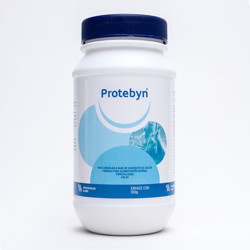 [7501069730346] Protebyn Caseinato de calcio Polvo cada 100 g contienen: Proteínas 86.0 a 90.0 g. Grasas 0.0 a 2.0 g. Minerales 3.8 a 6.0 g. Humedad 0.0 a 6.2 g. Envase con 100 g. FRESSENIUS KABI