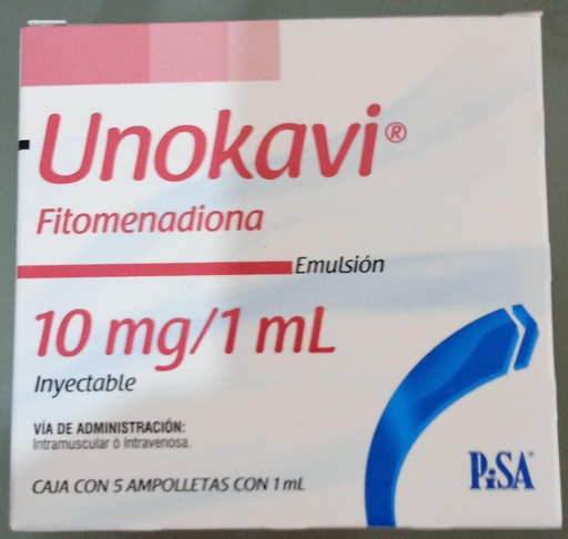 [7501125165535] UNOKAVI Emulsión Iny. c/5 AMPTAS. 10 MG/1 ML. Fitomenadiona 10mg. NA