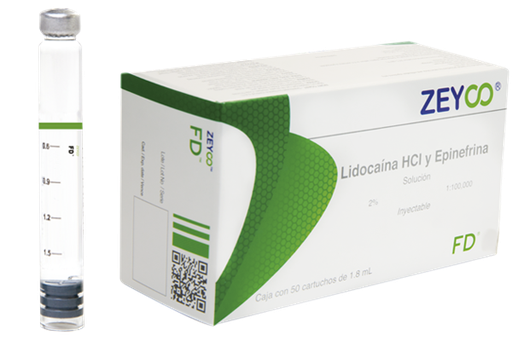 [7501567700431] Lidocaína epinefrina Solución Inyectable al 2% Cada cartucho dental contiene: Clorhidrato de lidocaína 36 mg Epinefrina 1:100000 0.018 mg Envase con 50 cartuchos dentales con 1.8 ml. ZEYCO