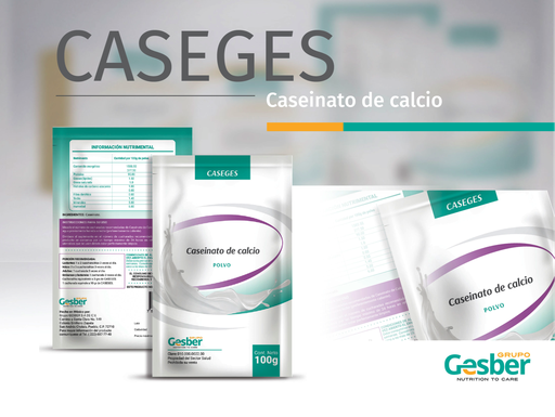 [7500326869938] Gesber Caseinato de calcio Polvo cada 100 g contienen: Proteínas 86.0 a 90.0 g. Grasas 0.0 a 2.0 g. Minerales 3.8 a 6.0 g. Humedad 0.0 a 6.2 g. Envase con 100 g. GESBER