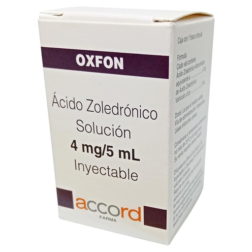 [7506335700552] Oxfon AC. ZOLEDRÓNICO 4mg/ 5mL. Envase con 1fco. Ampula  Seco, manejable hasta 25°C.                                                      ACCORD