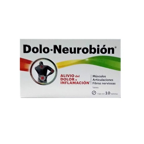 [7501298223711] Dolo Neurobion 10 Tabletas Diclofenaco sódico 50.00 mg Mononitrato de tiamina (Vitamina B1) 50.00 mg Clorhidrato de piridoxina (Vitamina B6) 50.00 mg Cianocobalamina (Vitamina B12) 1.00 mg