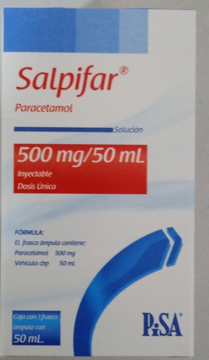 [7501125175725] Salpifar Paracetamol solución inyectable cada frasco contiene: paracetamol 500 mg. Envase con un frasco con 50 ml. PISA