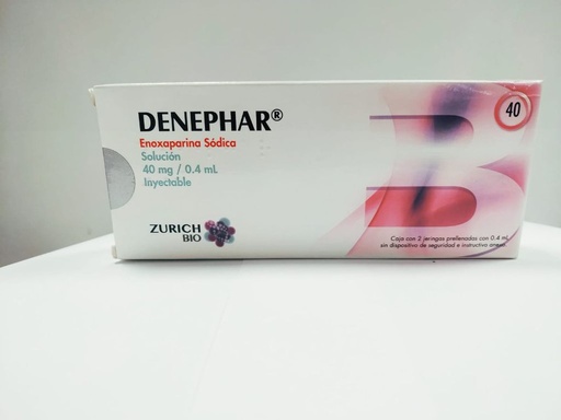[7506453900056] DENEPHAR ENOXAPARINA. SOLUCIÓN INYECTABLE CADA JERINGA CONTIENE: ENOXAPARINA SÓDICA 40 MG ENVASE CON 2 JERINGAS. DE 0.4 ML. ZURICH