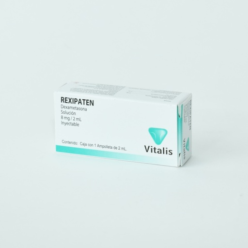 [7502245840692] Rexipaten Dexametasona Solución Inyectable. Cada frasco ámpula o ampolleta contiene: Fosfato sódico de dexametasona equivalente a 8 mg de fosfato de dexametasona. Envase con un frasco ámpula o ampolleta con 2 ml. VITALIS