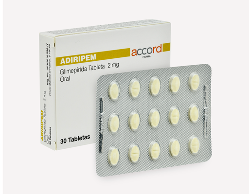 [7506335700354] Adiripem GLIMEPIRIDA 2mg. Envase con 30 tabletas  Seco, manejable hasta 25°C.                                                      ACCORD
