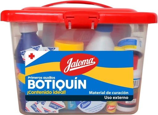 [759684351099] Botiquin Jaloma Prim Aux Cja Dura Incluye 1 Agua Oxigenada 112ml, 1 Alcohol 120ml, 1 Mertodol 40ml, 1 Violeta de Genciana 40ml, 1 Pomada Sanasol 10g, 1 Venda Elástica 5cm, 5 Gasas 7.5 X 5cm, 1 Tela Adhesiva 1.25 X 100cm, 5 Venditas Adhesivas, JALOMA