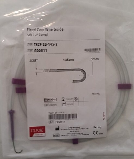 [TSCF351803] Cable guia nucleo fijo curveado safe t-j guia de alambre de nucleo fijo .035 punta curva safe tj 145cm ref tscf-35-180-3