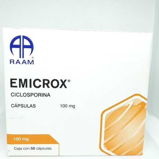 [7502227875636] Ciclosporina.(Emicrox) Cápsula de gelatina blanda. Cada cápsula contiene: Ciclosporina modificada o ciclosporina en microemulsión 100 mg Envase con 50 Cápsulas.