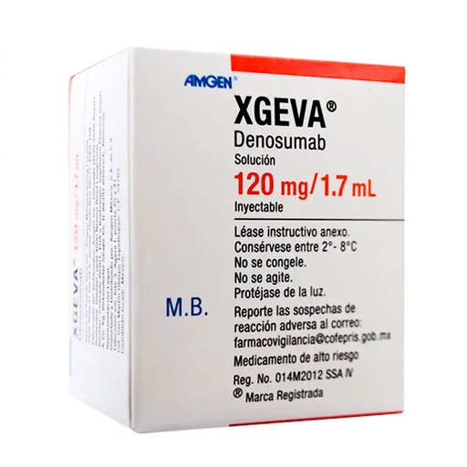 [8715131006976] Xgeva Denosumab Solución inyectable Cada frasco ámpula contiene: Denosumab 120 mg Envase con un frasco ámpula con 1.7 ml. AMGEN