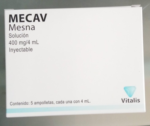[7502245840104] Mecav Mesna Solución inyectable Cada ampolleta o frasco ámpula o vial contiene: Mesna 400 mg Envase con 5 ampolletas o frascos ámpula o viales con 4 mL 100 mg/mL. VITALIS