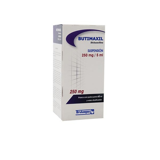 [7502208891907] Butimaxil Dicloxacilina Suspensión Oral Cada 5 ml contienen: Dicloxacilina sódica 250 mg Envase con polvo para 60 ml y dosificador. BRULUAGSA 