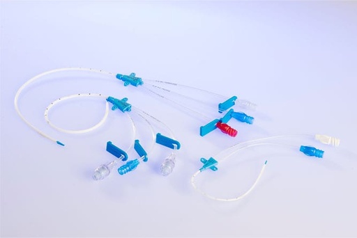 [7501629720254] Catéteres venoso central, calibre 5 Fr y 13 0 cm de longitud, de poliuretano o silicón, radiopaco, estéril y desechable, con dos lúmenes internos calibres 18 G y 20 G, con punta flexible, con aguja calibre 20 G, con catéter ARROW