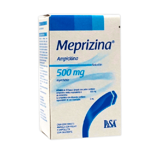 [7501125192340] Ampicilina Solución Inyectable Cada frasco ámpula con polvo contiene: Ampicilina sódica equivalente a 500 mg de ampicilina. Envase con un frasco ámpula y 2 ml de diluyente Meprizina PISA