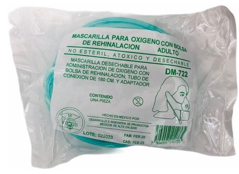 [7504005010765] Mascarillas. Desechable para administración de oxígeno con tubo de conexión de 180 cm y adaptador. Pieza.