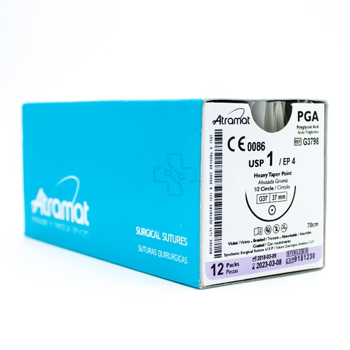 [7500142108822] Suturas. Sintéticas absorbibles polímero de ácido glicólico trenzado con aguja. Longitud de la hebra: 67-70 cm Calibre de la sutura: 1 Características de la aguja: 1/2 círculo ahusada 35-37 mmEnvase con 12 piezas. ATRAMAT