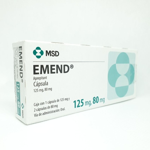 [7501326000215] Emend Aprepitant Cápsula Cada Cápsula contiene: 125 mg de Aprepitant Cada Cápsula contiene: 80 mg de Aprepitant Envase con una Cápsula de 125 mg y 2 Cápsulas de 80 mg MSD