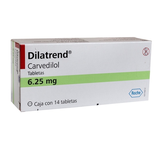 [4260095681720] Dilatrend Carvedilol Tableta Cada tableta contiene: Carvedilol 6.250 mg Envase con 14 Tabletas. MOFAR