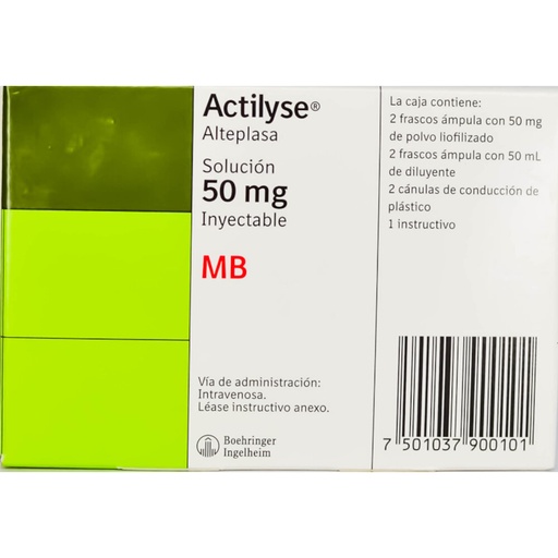 [7501037900101] Actilyse Alteplasa Solución Inyectable Cada frasco ámpula con liofilizado contiene: alteplasa (activador tisular del plasminógeno humano) 50 mg Envase con 2 frascos ámpula con liofilizado 2 frascos ámpula con disolvente y equipo esterilizado para su reconstitución.   BOEHRINGER 