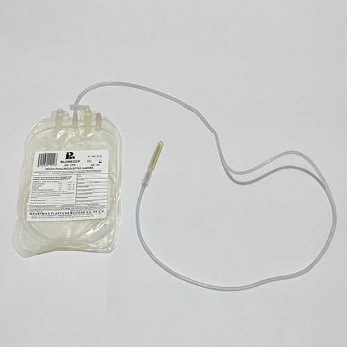 [7501566110019] Bolsas para almacenar sangre. Una bolsa de 450-500 ml con 67.5-75 ml de solución ACD y un tubo colector integral con aguja No. 15 o 16