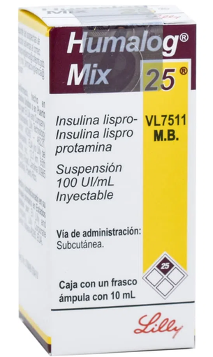[7501082208764] Humalog Mix Insulina lispro protamina. Suspensión Inyectable Cada ml contiene: Insulina lispro (origen ADN recombinante) 25 UI Insulina lispro protamina (origen ADN recombinante) 75 UI. Envase con un frasco ámpula con 10 ml. LILLY
