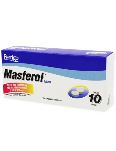 [7501109762583] Masferol Clorfenamina compuesta Tableta. Cada tableta contiene Paracetamol 500 mg Cafeína 25 mg Clorhidrato de fenilefrina 5 mg Maleato de clorfenamina 4 mg Envase con 10 Tabletas. PERRIGO