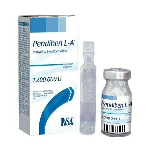 [7502268542993] Bencilpenicilina procaínica con bencilpenicilina cristalina. Suspensión Inyectable Cada frasco ámpula con polvo contiene: Bencilpenicilina procaínica equivalente a 300 000 UI de bencilpenicilina Bencilpenicilina cristalina equivalente a 100 000 UI de bencilpenicilina. Envase con un frasco ámpula y 2 ml de diluyente. PISA