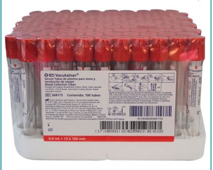 [080.909.6506] Tubo sistema para toma y recolección de sangre de plástico PET al vacío 13 x 100 mm desechable para adulto sin anticoagulante tapón rojo con silicón como lubricante y activador de coagulación volumen de drenado 6 ml + 0.3 ml. BMH