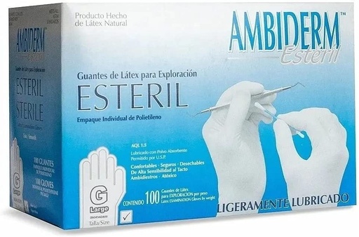 [17502224240663] Guantes Para exploración ambidiestro estériles De polietileno desechables Tamaños Grande Envase con 100 piezas. AMBIDERM