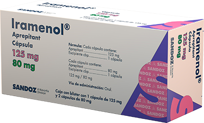 [7502216936072] Iramenol Aprepitant Cápsula Cada Cápsula contiene: 125 mg de Aprepitant Cada Cápsula contiene: 80 mg de Aprepitant Envase con una Cápsula de 125 mg y 2 Cápsulas de 80 SANDOZ