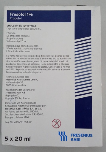 [7501052713196] Propofol Emulsion Inyectable Cada ampolleta o frasco ámpula contiene: Propofol  200 mg. En emulsión con o sin edetato disódico (dihidratado). Envase con 5 ampolletas o frascos ámpula de 20 mL. FRESSENIUS KABI 
