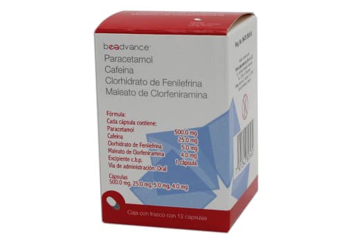 [7501342803432] Clorfenamina compuesta Tableta Cada tableta contiene Paracetamol 500 mg Cafeína 25 mg Clorhidrato de fenilefrina 5 mg Maleato de clorfenamina 4 mg Envase con 15 Tabletas. BE ADVANCE