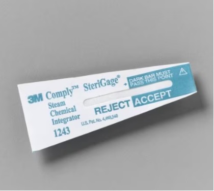 [3MX1243A] INDICADOR-INTEGRADOR PARA  LA ESTERILIZACIÓN POR VAPOR CLASE V; CAPAZ DE VERIFICAR: TEMPERATURA TIEMPO DE ESTERILIZACIÓN Y SATURACIÓN DE VAPOR DURANTE EL PROCESO DE ESTERILIZACIÓN. CONSTA DE: TIRA DE PAPEL SECANTE SUSTRATO QUÍMICO SENSIBLE A LA TEMPERATURA Y VAPOR; Y RECUBIERTA LAMINADA PLÁSTICA PERMEABLE AL VAPOR. C/500 TESTIGOS 3M