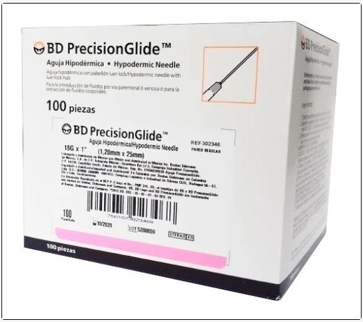 [BD302347] AGUJA DESECHABLE 18 G X 38 MM (ROSA) C/100 BD