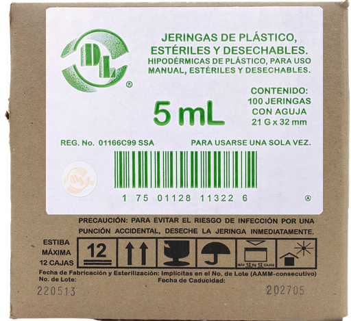 [DLJ052132P] JERINGA HIPODERMICA DESECHABLE 5ML AGUJA  21G X 32MM CAJA CON 100 DL