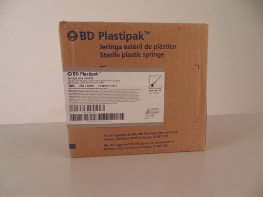 [7501543267160] Jeringa de plástico 1cc/mL. estéril, desechable, escala graduada de 2 en 2 hasta 100 unidades, pivote luer slip (Presión) c/aguja desmontable 27Gx13mm. [Diam. 27G (0.40mm); Long. 1/2"(13mm); Color gris] Aplicación de insulina y usos neonatos.Ref. 326716 BD