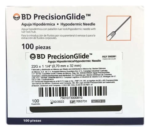 [BD300081] AGUJA DESECHABLE 22 G X 32 MM (NEGRA) C/100 BD