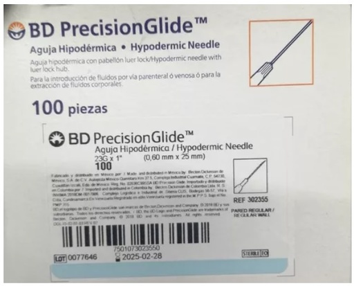 [BD302355] AGUJA DESECHABLE 23G X 25MM (AZUL) C/100 BD