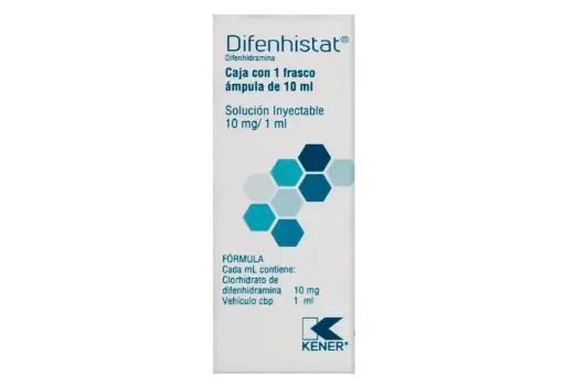 [7501493874695] Difenhistat Difenhidramina Solución inyectable Cada frasco ámpula contiene: Clorhidrato de difenhidramina 100 mg. Envase con frasco ámpula de 10 ml.