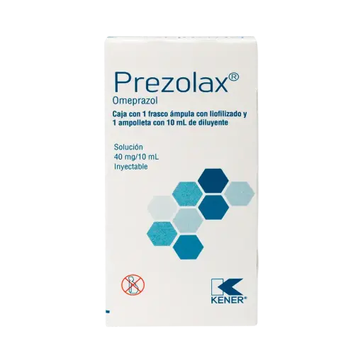 [7501493980433] Prezolax Omeprazol o pantoprazol. Solución Inyectable Cada frasco ámpula con liofilizado contiene: omeprazol sódico equivalente a 40 mg de omeprazol. o pantoprazol sódico equivalente a 40 mg de pantoprazol. Envase con un frasco ámpula con liofilizado y ampolleta con 10 ml de diluyente. 