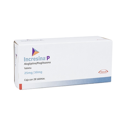 [7501092722182] Incresina P Alogliptina / Pioglitazona Tableta Cada tableta contiene: Benzoato de alogliptina equivalente a 25 mg de alogliptina Clorhidrato de pioglitazona equivalente a 30 mg de pioglitazona Envase con 28 tabletas. Takeda