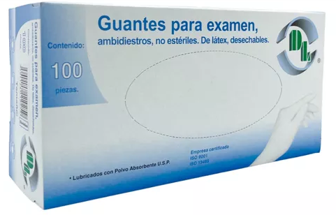 [701128110259] Guantes para exploración ambidiestro no estériles de látex desechables Tamaños: Mediano Envase con 100 piezas.