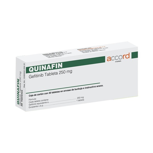 [7506335703584] Quinafin GEFITINIB 250 mg. Envase con 30 tabletas. Seco, manejable hasta 25°C.                                                      ACCORD