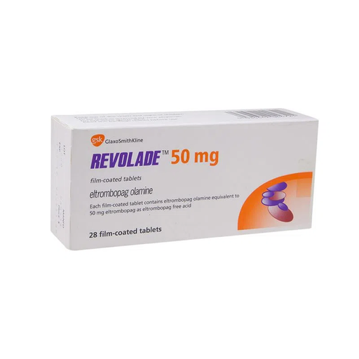[7501124820596] Revolade Eltrombopag Tableta Cada Tableta contiene: Eltrombopag olamina equivalente a 50 mg de eltrombopag Envase con 28 Tabletas. GSK