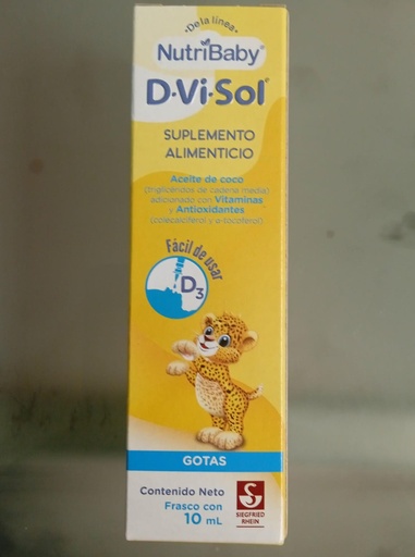 [7501300421197] D-Vi-Sol Suplemento Alimenticio Gotas 10 Ml Aceite de Coco (ácidos grasos obtenidos de la fracción seca y dura de cocos nucifera), Vitamina D3 (colecalciferol, Antioxidante, Vitamina E). Vitamina E 1.26 g. Vitamina D3 400 g. Clecalciferol 10. SIEGFRIEND RHEIN