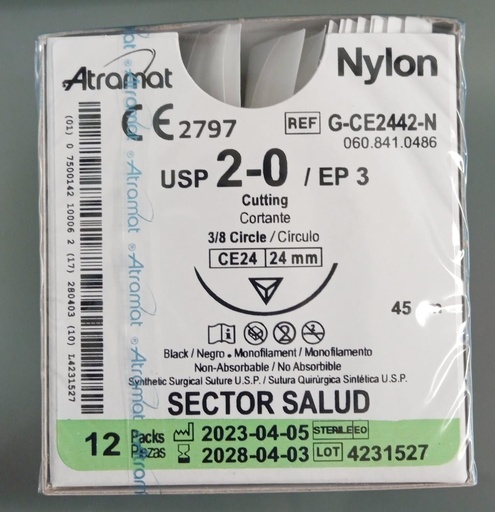 [7500142104862] Atramat Suturas Sintéticas no absorbibles monofilamento de nylon con aguja. Longitud de la hebra: 45 cm Calibre de la sutura: 2-0 Características de la aguja: 3/8 de círculo cortante (19-26 mm).Envase con 12 piezas.