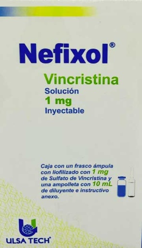 [7506429600270.] Nefixol Vincristina Solución Inyectable Cada frasco ámpula con liofilizado contiene: Sulfato de Vincristina 1 mg. Envase con frasco ámpula y una ampolleta con 10 ml de diluyente.  NEFEXOL